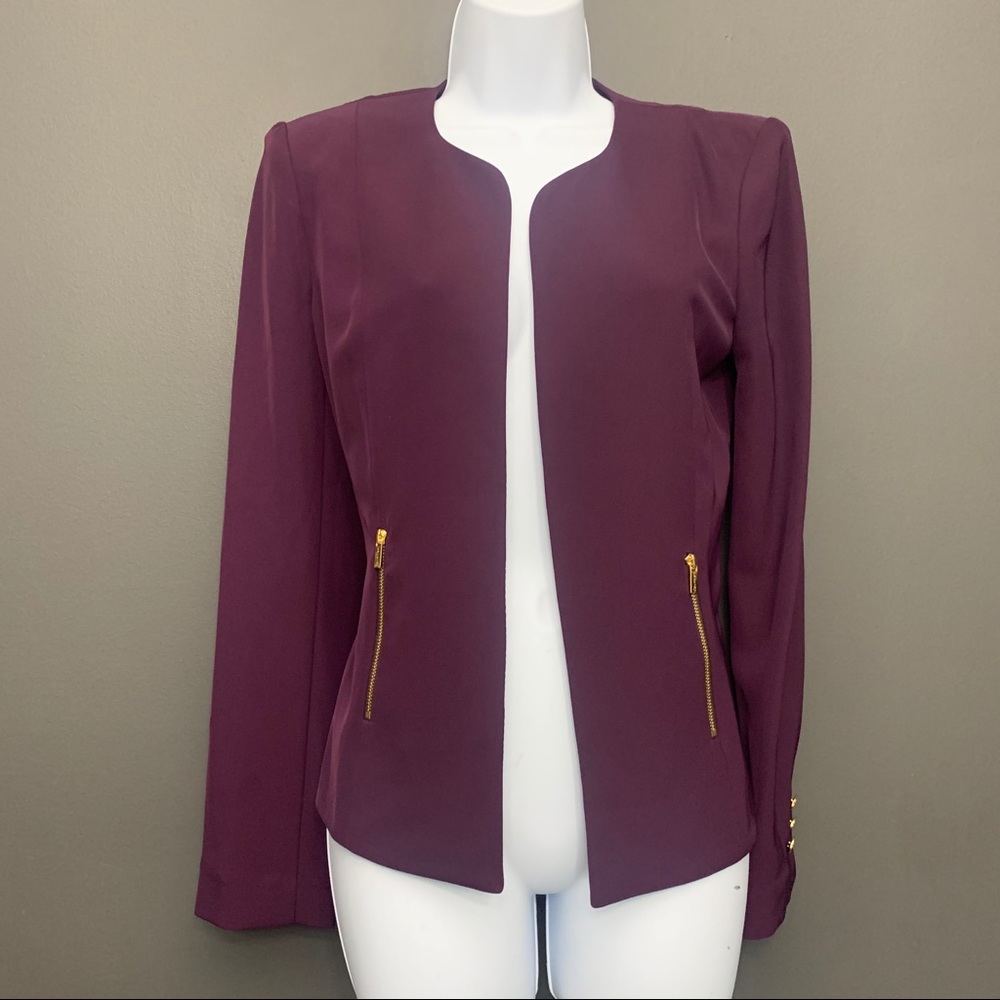 Calvin Klein Collarless Open Front Purple Blazer